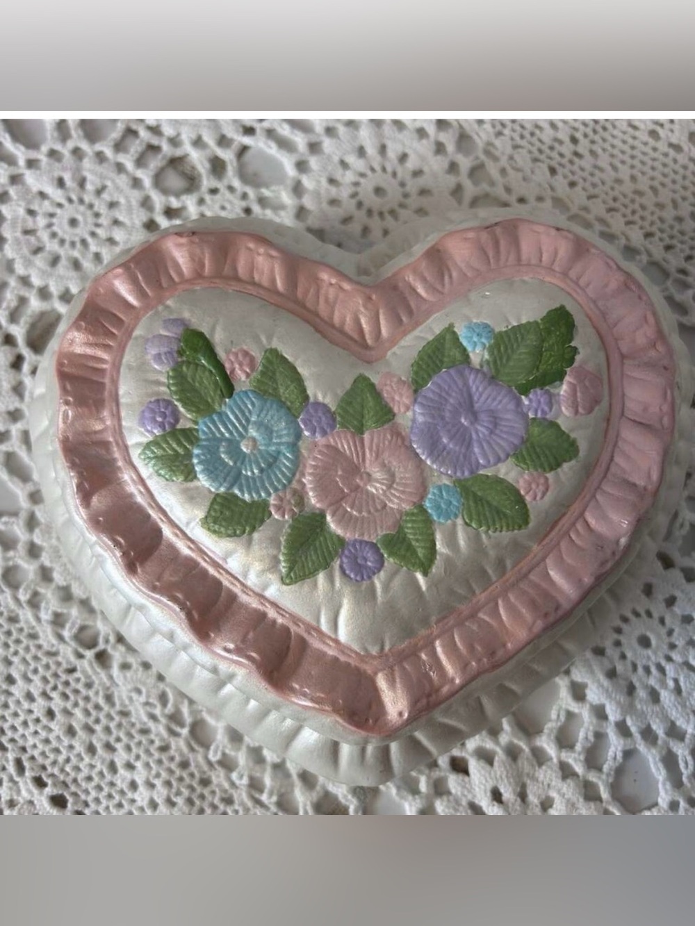Ceramic Heart Trinket Box 1987 Quilted Gen X Pink Floral Ruffle Grandma Core